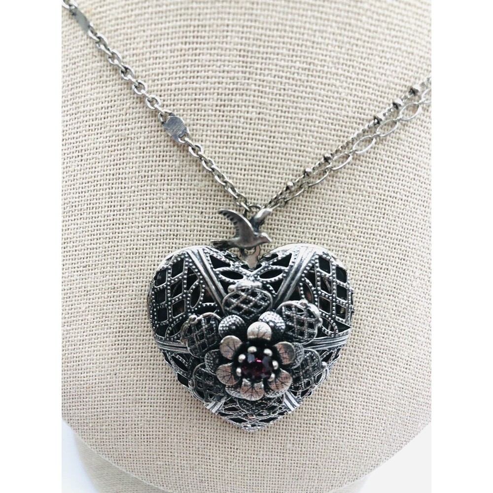 Bohm Beautiful Silver Tone Flower~Bird Filigree Heart Locket Necklace